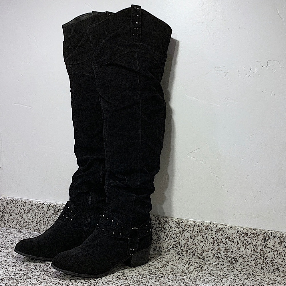 Black Studded Over The Knee Boots Faux Suede S:10